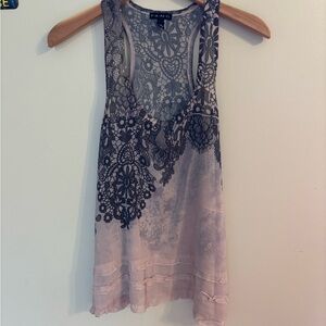 Indie Sleeze Lace-Print Scoop Neck Sheer Ruffle Tank Top in Light Pink & Black